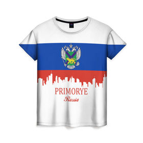 Женская футболка 3D с принтом PRIMORYE (Приморье) в Новосибирске, 100% полиэфир ( синтетическое хлопкоподобное полотно) | прямой крой, круглый вырез горловины, длина до линии бедер | Тематика изображения на принте: 