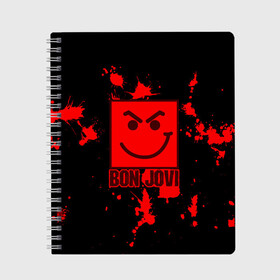 Тетрадь с принтом Bon Jovi в Новосибирске, 100% бумага | 48 листов, плотность листов — 60 г/м2, плотность картонной обложки — 250 г/м2. Листы скреплены сбоку удобной пружинной спиралью. Уголки страниц и обложки скругленные. Цвет линий — светло-серый
 | bon jovi | альбом | арена | бон | бон джови | глэм | группа | джови | джон | метал | музыка | надпись | песни | поп | попрок | рок | рокер | смайл | солист | софт | стена | хард | хеви | хевиметал