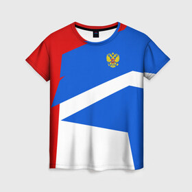 Женская футболка 3D с принтом RUSSIA SPORT в Новосибирске, 100% полиэфир ( синтетическое хлопкоподобное полотно) | прямой крой, круглый вырез горловины, длина до линии бедер | fc | football | fotball club | russia | sport | россия | спорт | спортивные | униформа | фирменные цвета | фк | футбол | футбольный клуб