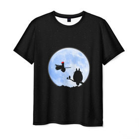Мужская футболка 3D с принтом Totoro and the moon в Новосибирске, 100% полиэфир | прямой крой, круглый вырез горловины, длина до линии бедер | anime | moon | myneighbortotoro | night | stars | totoro | аниме | звезды | канта | кодомо | котобус | кусакабэ | луна | мэй | ночь | сусуватари | тацуо | тоторо | хаяомиядзаки | ясуко