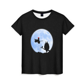 Женская футболка 3D с принтом Totoro and the moon в Новосибирске, 100% полиэфир ( синтетическое хлопкоподобное полотно) | прямой крой, круглый вырез горловины, длина до линии бедер | anime | moon | myneighbortotoro | night | stars | totoro | аниме | звезды | канта | кодомо | котобус | кусакабэ | луна | мэй | ночь | сусуватари | тацуо | тоторо | хаяомиядзаки | ясуко