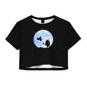 Женская футболка 3D укороченная с принтом Totoro and the moon в Новосибирске, 100% полиэстер | круглая горловина, длина футболки до линии талии, рукава с отворотами | anime | moon | myneighbortotoro | night | stars | totoro | аниме | звезды | канта | кодомо | котобус | кусакабэ | луна | мэй | ночь | сусуватари | тацуо | тоторо | хаяомиядзаки | ясуко