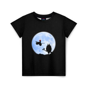 Детская футболка 3D с принтом Totoro and the moon в Новосибирске, 100% гипоаллергенный полиэфир | прямой крой, круглый вырез горловины, длина до линии бедер, чуть спущенное плечо, ткань немного тянется | anime | moon | myneighbortotoro | night | stars | totoro | аниме | звезды | канта | кодомо | котобус | кусакабэ | луна | мэй | ночь | сусуватари | тацуо | тоторо | хаяомиядзаки | ясуко