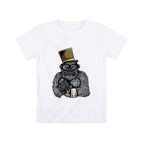 Детская футболка хлопок с принтом Гроссмейстер в Новосибирске, 100% хлопок | круглый вырез горловины, полуприлегающий силуэт, длина до линии бедер | chess | sport | горилла | животные | мат | обезьяна | примат | спорт | шах | шахматы | шляпа