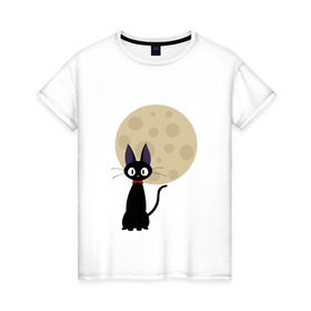 Женская футболка хлопок с принтом Luna cat в Новосибирске, 100% хлопок | прямой крой, круглый вырез горловины, длина до линии бедер, слегка спущенное плечо | ведьмина доставка | кики | хаяо миядзаки