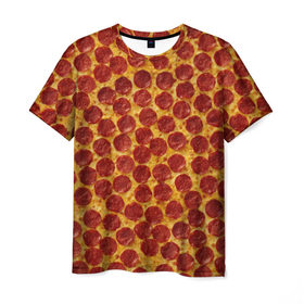Мужская футболка 3D с принтом Пицца пепперони в Новосибирске, 100% полиэфир | прямой крой, круглый вырез горловины, длина до линии бедер | Тематика изображения на принте: pepperoni | pizza | еда | колбаса | мясо | пица | сардельки | сыр | фастфуд