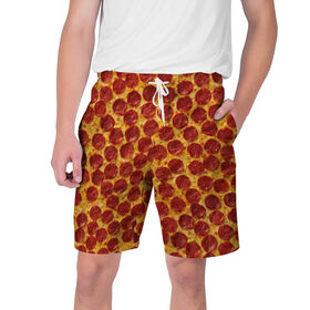 Мужские шорты 3D с принтом Пицца пепперони в Новосибирске,  полиэстер 100% | прямой крой, два кармана без застежек по бокам. Мягкая трикотажная резинка на поясе, внутри которой широкие завязки. Длина чуть выше колен | Тематика изображения на принте: pepperoni | pizza | еда | колбаса | мясо | пица | сардельки | сыр | фастфуд