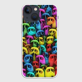 Чехол для iPhone 13 mini с принтом Разноцветные сердитые коты в Новосибирске,  |  | cat | grumpy | грустный | злой | кот | кошка | мем | паттерн | радуга