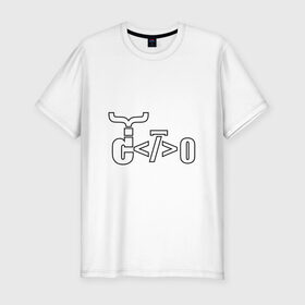 Мужская футболка премиум с принтом Велосипед программиста в Новосибирске, 92% хлопок, 8% лайкра | приталенный силуэт, круглый вырез ворота, длина до линии бедра, короткий рукав | велосипед | код | программирование | программист | символы