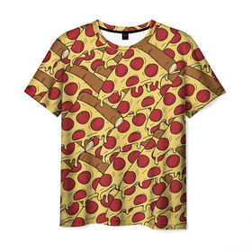 Мужская футболка 3D с принтом Pizza в Новосибирске, 100% полиэфир | прямой крой, круглый вырез горловины, длина до линии бедер | cheese | fast food | food | junk food | pizza | еда | пицца | сыр | фастфут