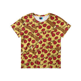 Детская футболка 3D с принтом Pizza в Новосибирске, 100% гипоаллергенный полиэфир | прямой крой, круглый вырез горловины, длина до линии бедер, чуть спущенное плечо, ткань немного тянется | cheese | fast food | food | junk food | pizza | еда | пицца | сыр | фастфут