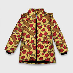 Зимняя куртка для девочек 3D с принтом Pizza в Новосибирске, ткань верха — 100% полиэстер; подклад — 100% полиэстер, утеплитель — 100% полиэстер. | длина ниже бедра, удлиненная спинка, воротник стойка и отстегивающийся капюшон. Есть боковые карманы с листочкой на кнопках, утяжки по низу изделия и внутренний карман на молнии. 

Предусмотрены светоотражающий принт на спинке, радужный светоотражающий элемент на пуллере молнии и на резинке для утяжки. | cheese | fast food | food | junk food | pizza | еда | пицца | сыр | фастфут