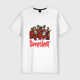 Мужская футболка премиум с принтом SimpsKnot в Новосибирске, 92% хлопок, 8% лайкра | приталенный силуэт, круглый вырез ворота, длина до линии бедра, короткий рукав | Тематика изображения на принте: art | bart | homer | metall | rock | simpson | simpsons | slipknot |   группа | арт | барт | гомер | металл | рок | симпсон | симпсоны | слинкнот