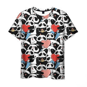 Мужская футболка 3D с принтом Funny Panda в Новосибирске, 100% полиэфир | прямой крой, круглый вырез горловины, длина до линии бедер | bear | heart | positive | медведь | мишка | орнамент | панда | подарок | позитив | сердечки | сердце | сюрприз | узор