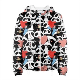 Женская куртка 3D с принтом Funny Panda в Новосибирске, ткань верха — 100% полиэстер, подклад — флис | прямой крой, подол и капюшон оформлены резинкой с фиксаторами, два кармана без застежек по бокам, один большой потайной карман на груди. Карман на груди застегивается на липучку | bear | heart | positive | медведь | мишка | орнамент | панда | подарок | позитив | сердечки | сердце | сюрприз | узор