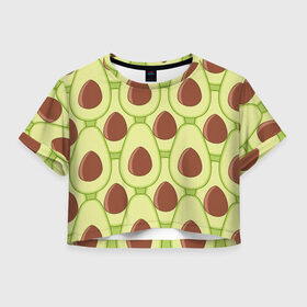 Женская футболка 3D укороченная с принтом Авокадо в Новосибирске, 100% полиэстер | круглая горловина, длина футболки до линии талии, рукава с отворотами | Тематика изображения на принте: avocado | food | fruit | pattern | vegan | vegetarian | авокадо | веган | вегетарианство | еда | паттерн | правильное питание | фрукт
