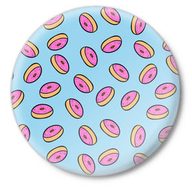 Значок с принтом Пончики в Новосибирске,  металл | круглая форма, металлическая застежка в виде булавки | Тематика изображения на принте: doughnut | food | pattern | sweet | vegan | vegetarian | веган | вегетарианство | еда | паттерн | пончик | сладкое