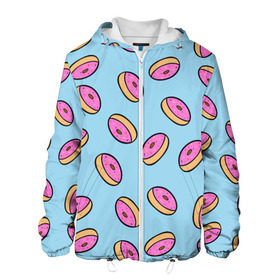 Мужская куртка 3D с принтом Пончики в Новосибирске, ткань верха — 100% полиэстер, подклад — флис | прямой крой, подол и капюшон оформлены резинкой с фиксаторами, два кармана без застежек по бокам, один большой потайной карман на груди. Карман на груди застегивается на липучку | Тематика изображения на принте: doughnut | food | pattern | sweet | vegan | vegetarian | веган | вегетарианство | еда | паттерн | пончик | сладкое