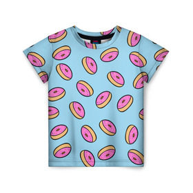 Детская футболка 3D с принтом Пончики в Новосибирске, 100% гипоаллергенный полиэфир | прямой крой, круглый вырез горловины, длина до линии бедер, чуть спущенное плечо, ткань немного тянется | doughnut | food | pattern | sweet | vegan | vegetarian | веган | вегетарианство | еда | паттерн | пончик | сладкое
