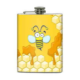 Фляга с принтом Пчелка в Новосибирске, металлический корпус | емкость 0,22 л, размер 125 х 94 мм. Виниловая наклейка запечатывается полностью | животные | лето | мед | насекомые | природа | пчела | пчелка | соты
