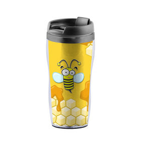 Термокружка-непроливайка с принтом Пчелка в Новосибирске, внутренняя часть — пищевой пластик, наружная часть — прозрачный пластик, между ними — полиграфическая вставка с рисунком | объем — 350 мл, герметичная крышка | животные | лето | мед | насекомые | природа | пчела | пчелка | соты