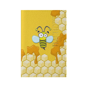 Обложка для паспорта матовая кожа с принтом Пчелка в Новосибирске, натуральная матовая кожа | размер 19,3 х 13,7 см; прозрачные пластиковые крепления | Тематика изображения на принте: животные | лето | мед | насекомые | природа | пчела | пчелка | соты
