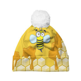 Шапка 3D c помпоном с принтом Пчелка в Новосибирске, 100% полиэстер | универсальный размер, печать по всей поверхности изделия | животные | лето | мед | насекомые | природа | пчела | пчелка | соты