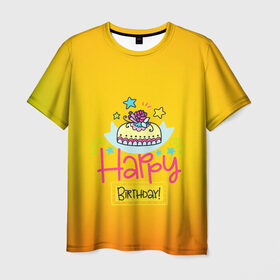 Мужская футболка 3D с принтом С днем рождения! в Новосибирске, 100% полиэфир | прямой крой, круглый вырез горловины, длина до линии бедер | Тематика изображения на принте: birthday | happy | день рождения | подарки | праздник | свечи | торт