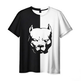Мужская футболка 3D с принтом Питбуль в Новосибирске, 100% полиэфир | прямой крой, круглый вырез горловины, длина до линии бедер | агрессия | башка | белое | голова | пес | пит буль | питбуль | собака | спорт | стаф | стафф | стаффорд | чб | черное