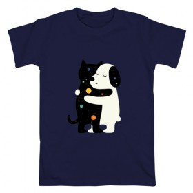 Мужская футболка хлопок с принтом Обнимашки в Новосибирске, 100% хлопок | прямой крой, круглый вырез горловины, длина до линии бедер, слегка спущенное плечо. | Тематика изображения на принте: cat | в горох | космический | космос | кот | кошка | любовь | милый | пес | собака