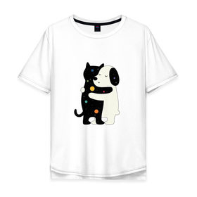 Мужская футболка хлопок Oversize с принтом Обнимашки в Новосибирске, 100% хлопок | свободный крой, круглый ворот, “спинка” длиннее передней части | Тематика изображения на принте: cat | в горох | космический | космос | кот | кошка | любовь | милый | пес | собака