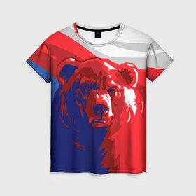 Женская футболка 3D с принтом Российский медведь в Новосибирске, 100% полиэфир ( синтетическое хлопкоподобное полотно) | прямой крой, круглый вырез горловины, длина до линии бедер | russia | russian bear | патриот | родина | россия | русский медведь | триколор