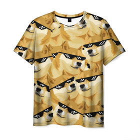Мужская футболка 3D с принтом Doge мем в deal with it очках в Новосибирске, 100% полиэфир | прямой крой, круглый вырез горловины, длина до линии бедер | Тематика изображения на принте: deal with it очки | doge | meme | мем | мемы | сиба ину | сиба ину мем
