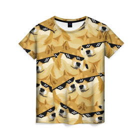 Женская футболка 3D с принтом Doge мем в deal with it очках в Новосибирске, 100% полиэфир ( синтетическое хлопкоподобное полотно) | прямой крой, круглый вырез горловины, длина до линии бедер | deal with it очки | doge | meme | мем | мемы | сиба ину | сиба ину мем
