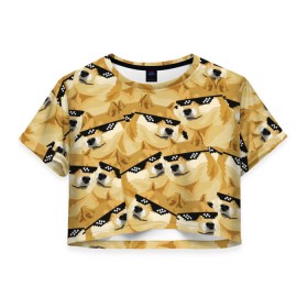 Женская футболка 3D укороченная с принтом Doge мем в deal with it очках в Новосибирске, 100% полиэстер | круглая горловина, длина футболки до линии талии, рукава с отворотами | deal with it очки | doge | meme | мем | мемы | сиба ину | сиба ину мем