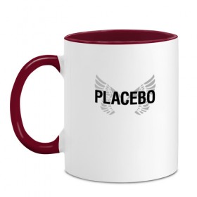 Кружка двухцветная с принтом Placebo в Новосибирске, керамика | объем — 330 мл, диаметр — 80 мм. Цветная ручка и кайма сверху, в некоторых цветах — вся внутренняя часть | Тематика изображения на принте: placebo | альтернативный | инди | индирок | плацебо | рок