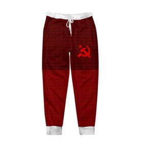Мужские брюки 3D с принтом СССР СПОРТ в Новосибирске, 100% полиэстер | манжеты по низу, эластичный пояс регулируется шнурком, по бокам два кармана без застежек, внутренняя часть кармана из мелкой сетки | красный | молот | серп | текстура