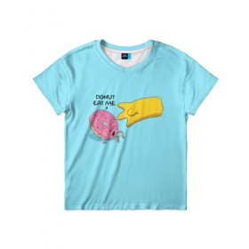 Детская футболка 3D с принтом Donut Eat Me в Новосибирске, 100% гипоаллергенный полиэфир | прямой крой, круглый вырез горловины, длина до линии бедер, чуть спущенное плечо, ткань немного тянется | Тематика изображения на принте: 