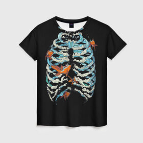 Женская футболка 3D с принтом Ребра из Воды в Новосибирске, 100% полиэфир ( синтетическое хлопкоподобное полотно) | прямой крой, круглый вырез горловины, длина до линии бедер | анатомия | вода | океан | рыбы | скелет