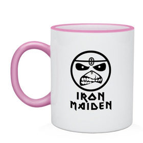 Кружка двухцветная с принтом Iron Maiden в Новосибирске, керамика | объем — 330 мл, диаметр — 80 мм. Цветная ручка и кайма сверху, в некоторых цветах — вся внутренняя часть | iron maiden | адриан смит | айран | айрон | группа | дэйв мюррей | железная дева | ирон | майден | мейд | мейден | метал | мрачный | музыка | песни | рок | стив харрис | тяжелый | хеви | хевиметал