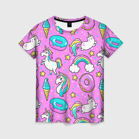Женская футболка 3D с принтом Котики и Единороги в Новосибирске, 100% полиэфир ( синтетическое хлопкоподобное полотно) | прямой крой, круглый вырез горловины, длина до линии бедер | Тематика изображения на принте: единорог | мороженое | пони | пончики | радуга | розовый