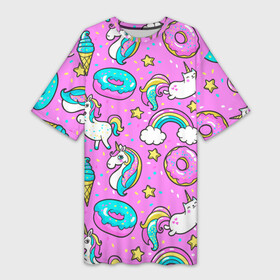 Платье-футболка 3D с принтом Котики и Единороги в Новосибирске,  |  | единорог | мороженое | пони | пончики | радуга | розовый