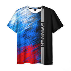 Мужская футболка 3D с принтом Swimmer в Новосибирске, 100% полиэфир | прямой крой, круглый вырез горловины, длина до линии бедер | линии | пловец | пловчиха | полосы | россия | рф | флаг