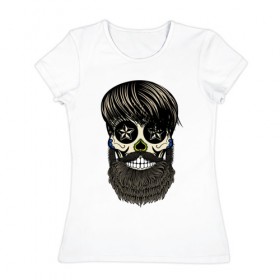 Женская футболка хлопок с принтом Сахарный череп с бородой в Новосибирске, 100% хлопок | прямой крой, круглый вырез горловины, длина до линии бедер, слегка спущенное плечо | бородатый | день мертвых | сахарный череп | хелловин | хипстер
