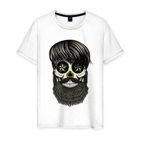 Мужская футболка хлопок с принтом Сахарный череп с бородой в Новосибирске, 100% хлопок | прямой крой, круглый вырез горловины, длина до линии бедер, слегка спущенное плечо. | бородатый | день мертвых | сахарный череп | хелловин | хипстер