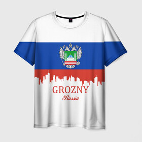 Мужская футболка 3D с принтом GROZNY (Грозный) в Новосибирске, 100% полиэфир | прямой крой, круглый вырез горловины, длина до линии бедер | Тематика изображения на принте: chechnya | grozny | герб | город | грозный | кавказ | кавказец | кадыров | надпись | патриот | республика | северный | флаг | флага | цвета | чех | чечен | чеченец | чеченка | чеченская | чечня