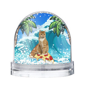 Водяной шар с принтом Сёрфинг на Пицце в Новосибирске, Пластик | Изображение внутри шара печатается на глянцевой фотобумаге с двух сторон | cat | palm | pizza | surfing | wave | волна | животное | кот | пальмы | пицца | серфинг