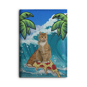 Обложка для автодокументов с принтом Сёрфинг на Пицце в Новосибирске, натуральная кожа |  размер 19,9*13 см; внутри 4 больших “конверта” для документов и один маленький отдел — туда идеально встанут права | Тематика изображения на принте: cat | palm | pizza | surfing | wave | волна | животное | кот | пальмы | пицца | серфинг