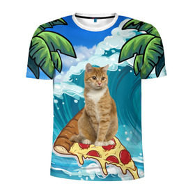 Мужская футболка 3D спортивная с принтом Сёрфинг на Пицце в Новосибирске, 100% полиэстер с улучшенными характеристиками | приталенный силуэт, круглая горловина, широкие плечи, сужается к линии бедра | cat | palm | pizza | surfing | wave | волна | животное | кот | пальмы | пицца | серфинг