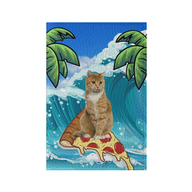 Обложка для паспорта матовая кожа с принтом Сёрфинг на Пицце в Новосибирске, натуральная матовая кожа | размер 19,3 х 13,7 см; прозрачные пластиковые крепления | Тематика изображения на принте: cat | palm | pizza | surfing | wave | волна | животное | кот | пальмы | пицца | серфинг